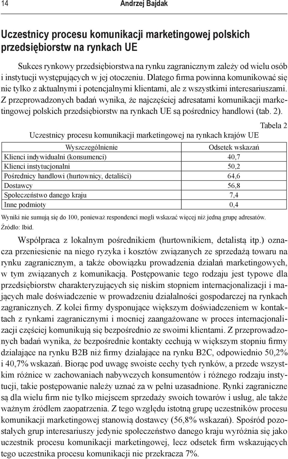 Z przeprowadzonych badań wynika, że najczęściej adresatami komunikacji marketingowej polskich przedsiębiorstw na rynkach UE są pośrednicy handlowi (tab. 2).