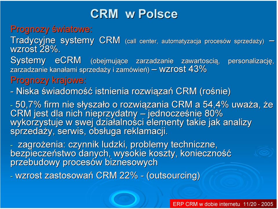 (rośnie) - 50,7% firm nie słyszało o rozwiązania CRM a 54,4% uważa, że CRM jest dla nich nieprzydatny jednocześnie 80% wykorzystuje w swej działalności elementy takie jak analizy