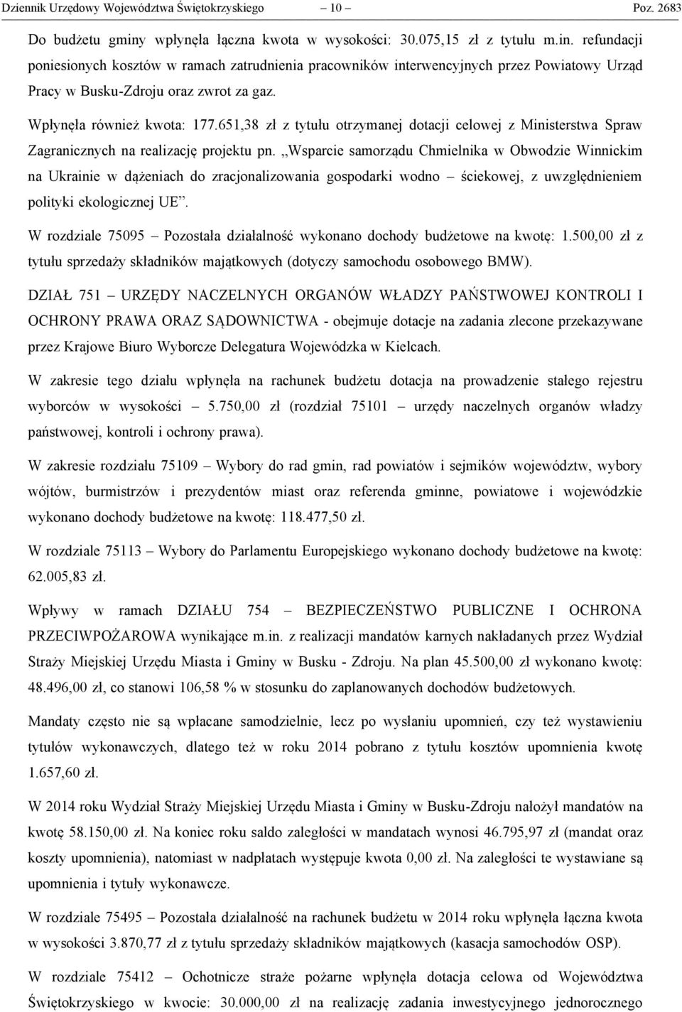 refundacji poniesionych kosztów w ramach zatrudnienia pracowników interwencyjnych przez Powiatowy Urząd Pracy w Busku-Zdroju oraz zwrot za gaz. Wpłynęła również kwota: 177.