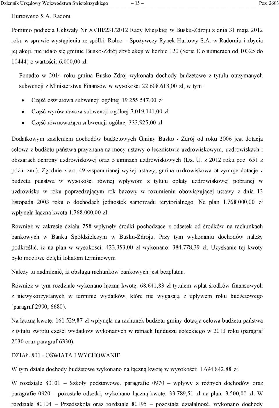 w Radomiu i zbycia jej akcji, nie udało się gminie Busko-Zdrój zbyć akcji w liczbie 120 (Seria E o numerach od 10325 do 10444) o wartości: 6.00 zł.