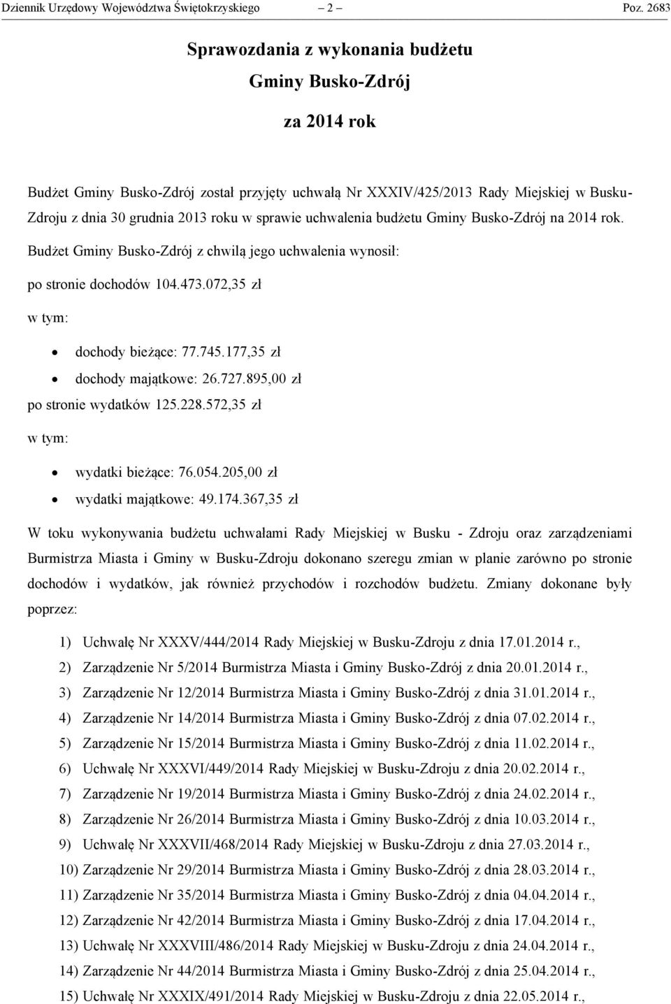 sprawie uchwalenia budżetu Gminy Busko-Zdrój na 2014 rok. Budżet Gminy Busko-Zdrój z chwilą jego uchwalenia wynosił: po stronie dochodów 104.473.072,35 zł w tym: dochody bieżące: 77.745.
