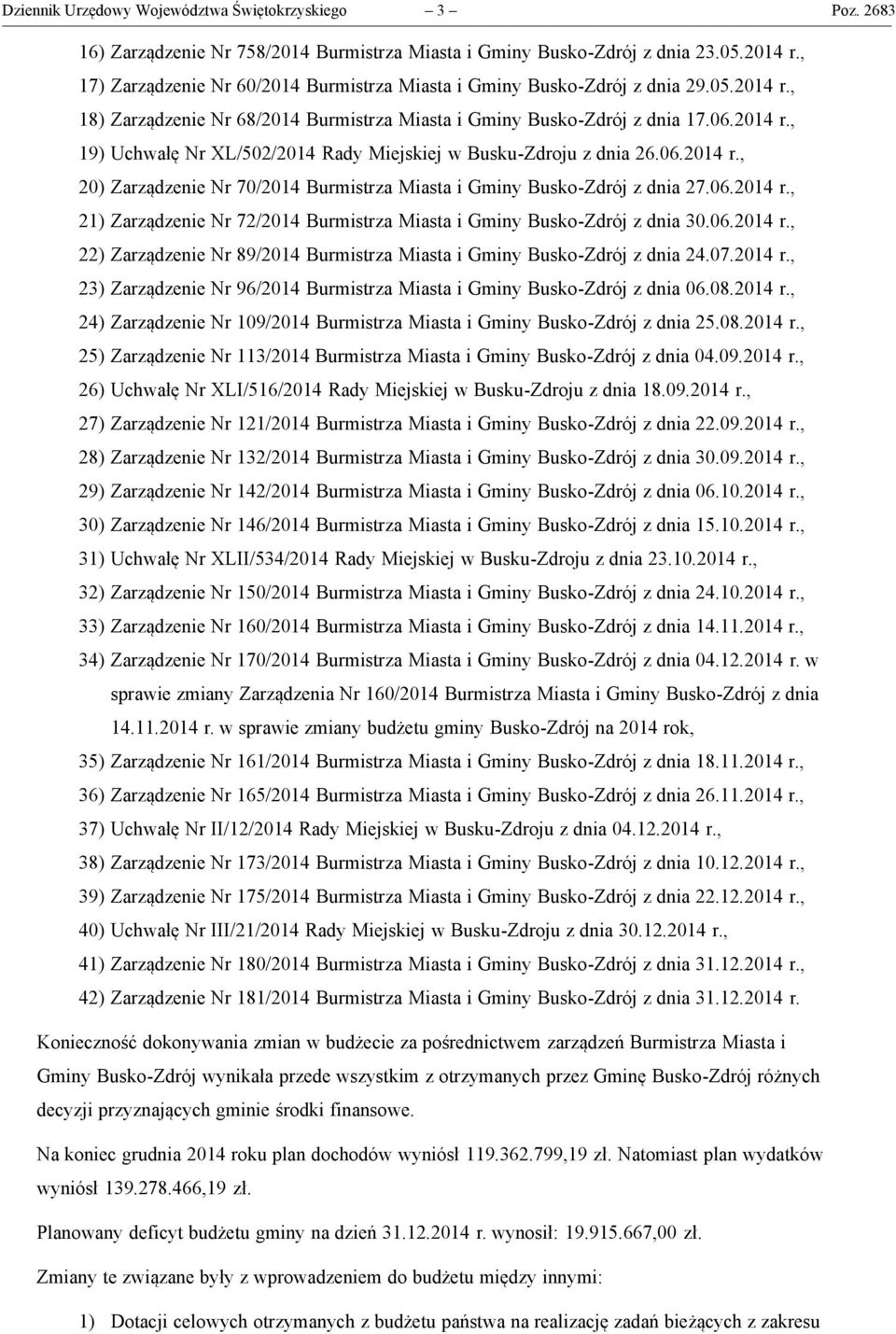 06.2014 r., 20) Zarządzenie Nr 70/2014 Burmistrza Miasta i Gminy Busko-Zdrój z dnia 27.06.2014 r., 21) Zarządzenie Nr 72/2014 Burmistrza Miasta i Gminy Busko-Zdrój z dnia 30.06.2014 r., 22) Zarządzenie Nr 89/2014 Burmistrza Miasta i Gminy Busko-Zdrój z dnia 24.