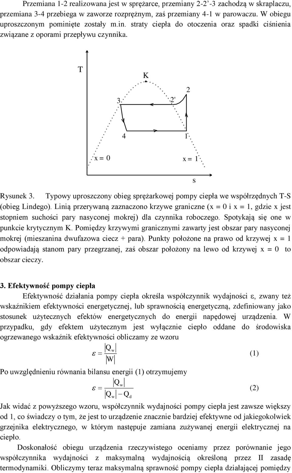 Typoy uproszczony obieg sprężarkoej pompy ciepła e spółrzędnych T-S (obieg Lindego).