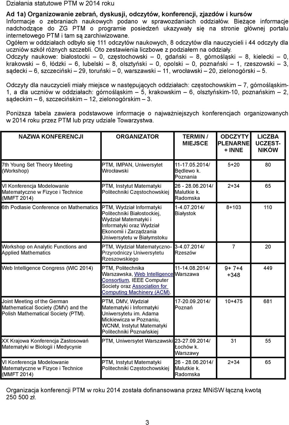 Ogółem w oddziałach odbyło się 111 odczytów naukowych, 8 odczytów dla nauczycieli i 44 odczyty dla uczniów szkół różnych szczebli. Oto zestawienia liczbowe z podziałem na oddziały.