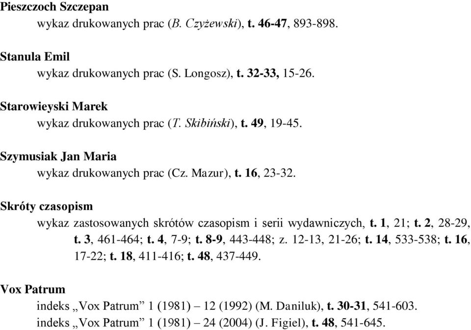 Skróty czasopism wykaz zastosowanych skrótów czasopism i serii wydawniczych, t. 1, 21; t. 2, 28-29, t. 3, 461-464; t. 4, 7-9; t. 8-9, 443-448; z. 12-13, 21-26; t.