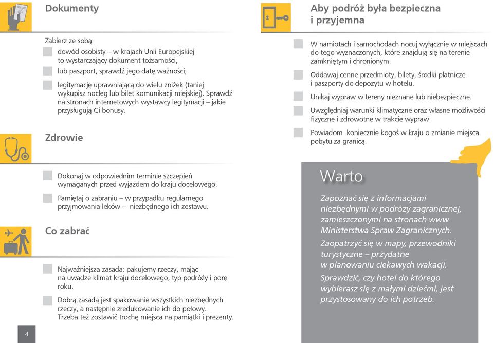 Zdrowie Aby podróż była bezpieczna i przyjemna W namiotach i samochodach nocuj wyłącznie w miejscach do tego wyznaczonych, które znajdują się na terenie zamkniętym i chronionym.