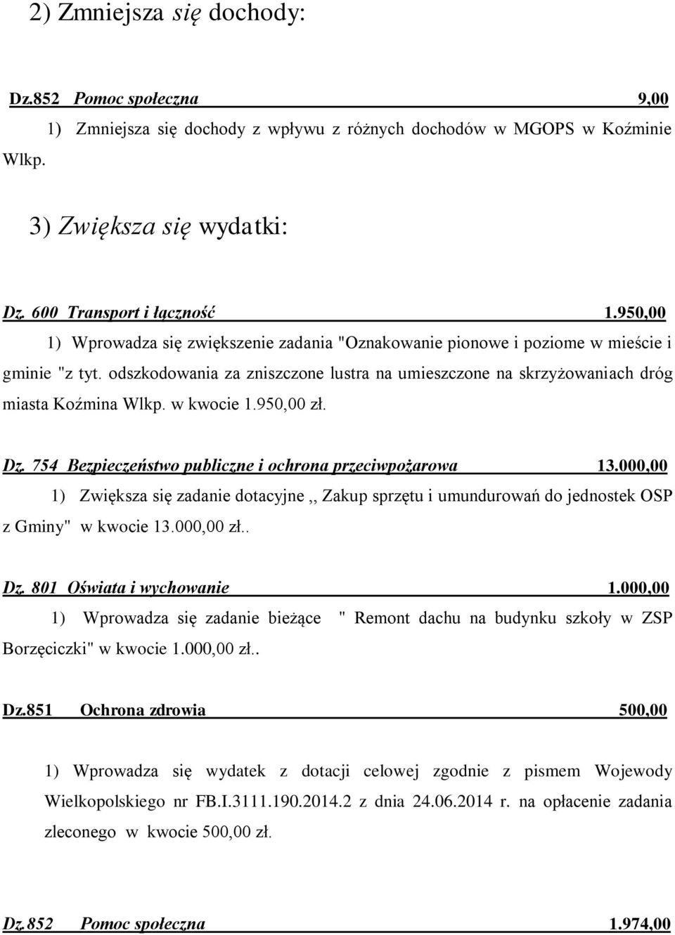 w kwocie 1.950,00 zł. Dz. 754 Bezpieczeństwo publiczne i ochrona przeciwpożarowa 13.000,00 1) Zwiększa się zadanie dotacyjne,, Zakup sprzętu i umundurowań do jednostek OSP z Gminy" w kwocie 13.