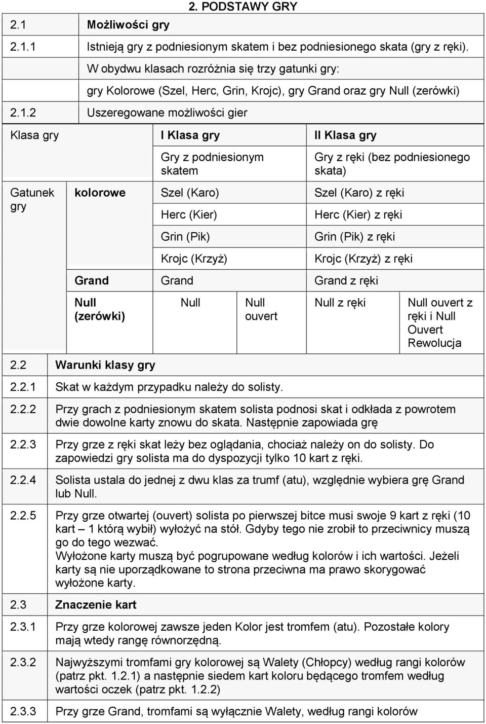 2 Uszeregowane możliwości gier Klasa gry I Klasa gry II Klasa gry Gatunek gry Gry z podniesionym skatem Gry z ręki (bez podniesionego skata) kolorowe Szel (Karo) Szel (Karo) z ręki Herc (Kier) Grin