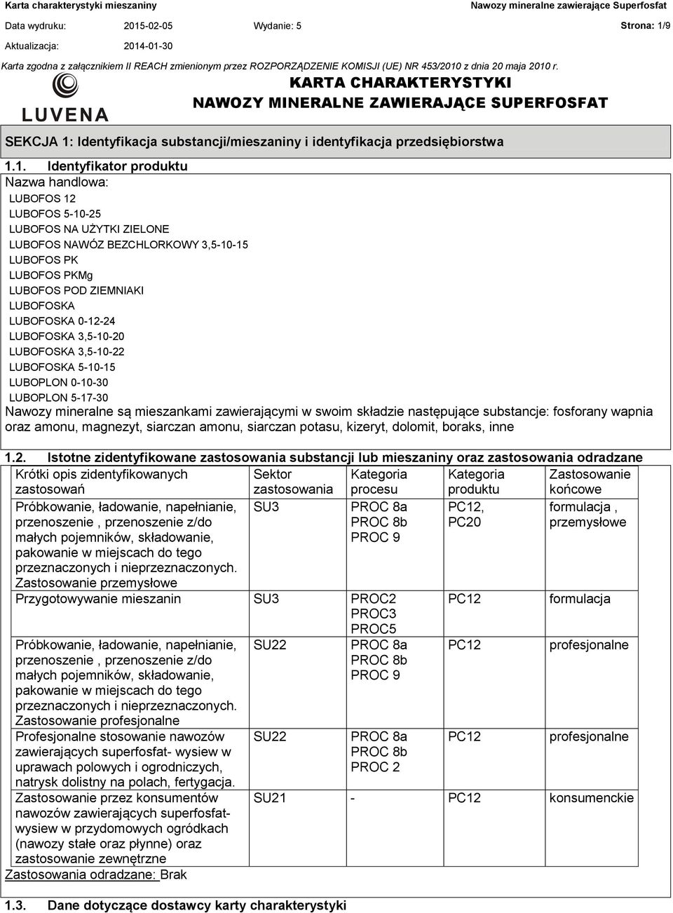 9 KARTA CHARAKTERYSTYKI NAWOZY MINERALNE ZAWIERAJĄCE SUPERFOSFAT SEKCJA 1: