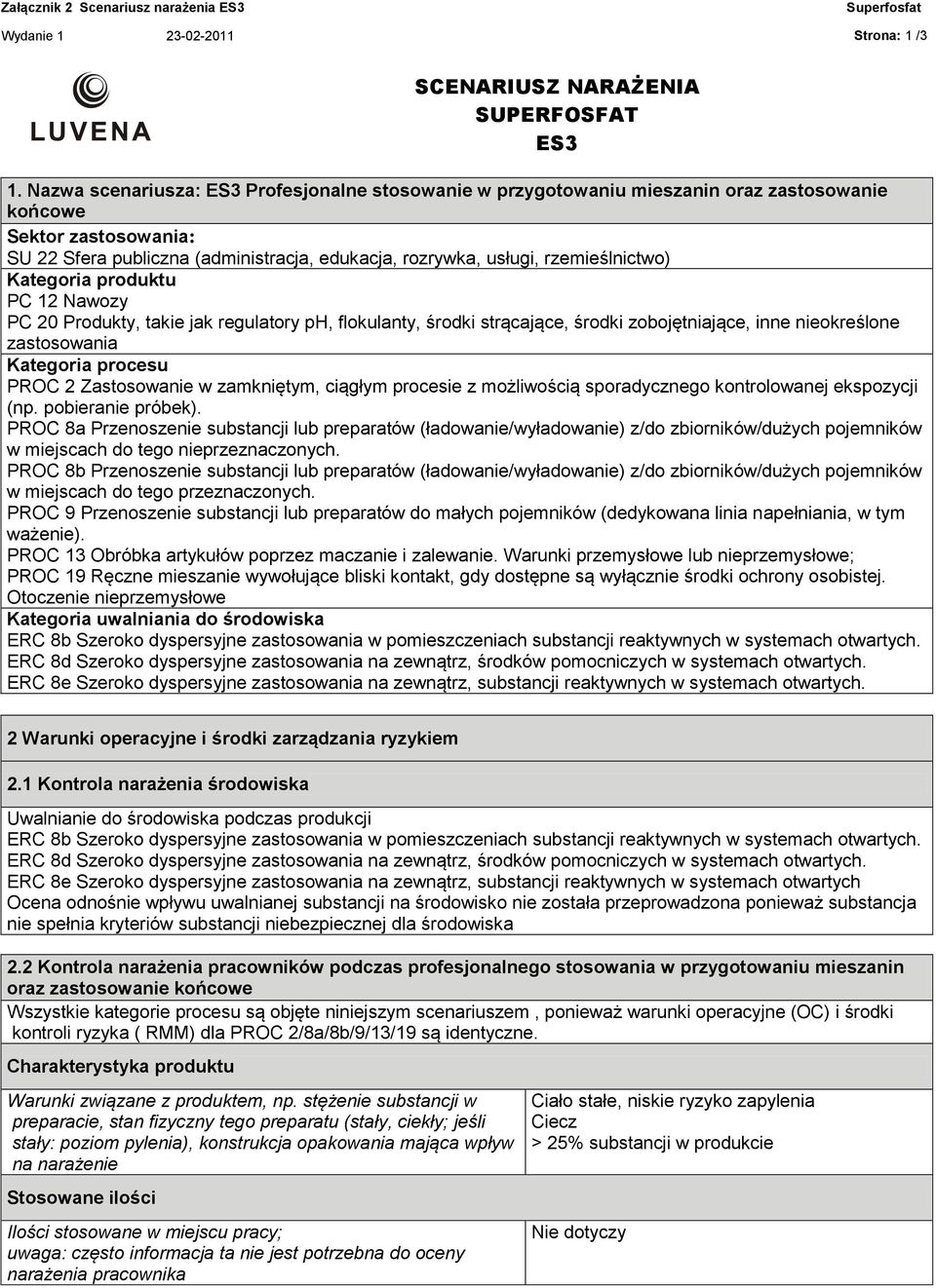 rzemieślnictwo) Kategoria produktu PC 12 Nawozy PC 20 Produkty, takie jak regulatory ph, flokulanty, środki strącające, środki zobojętniające, inne nieokreślone zastosowania Kategoria procesu PROC 2