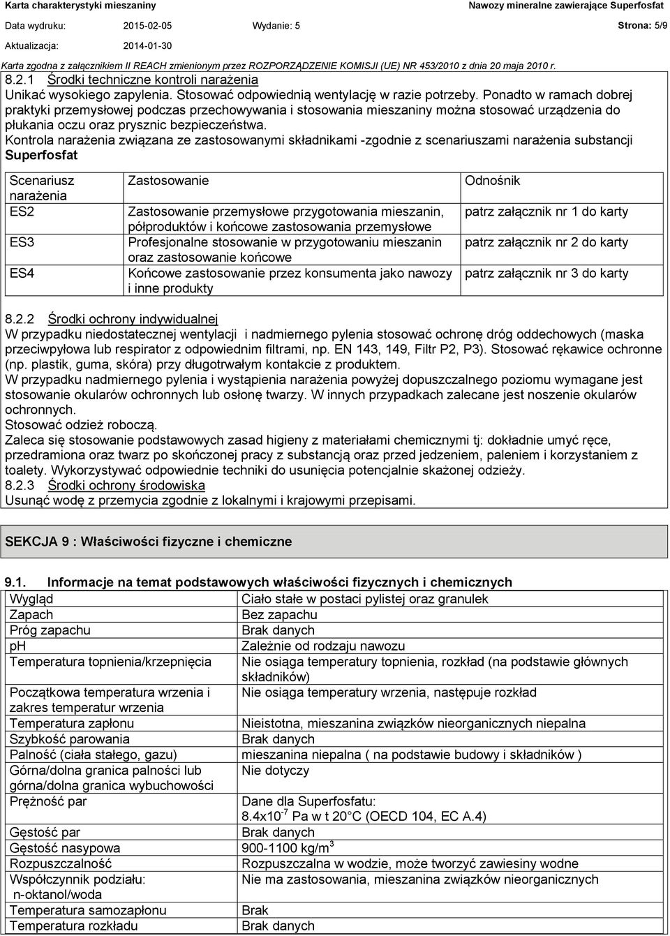 Kontrola narażenia związana ze zastosowanymi składnikami -zgodnie z scenariuszami narażenia substancji Superfosfat Scenariusz narażenia ES2 ES3 ES4 Zastosowanie Zastosowanie przemysłowe przygotowania