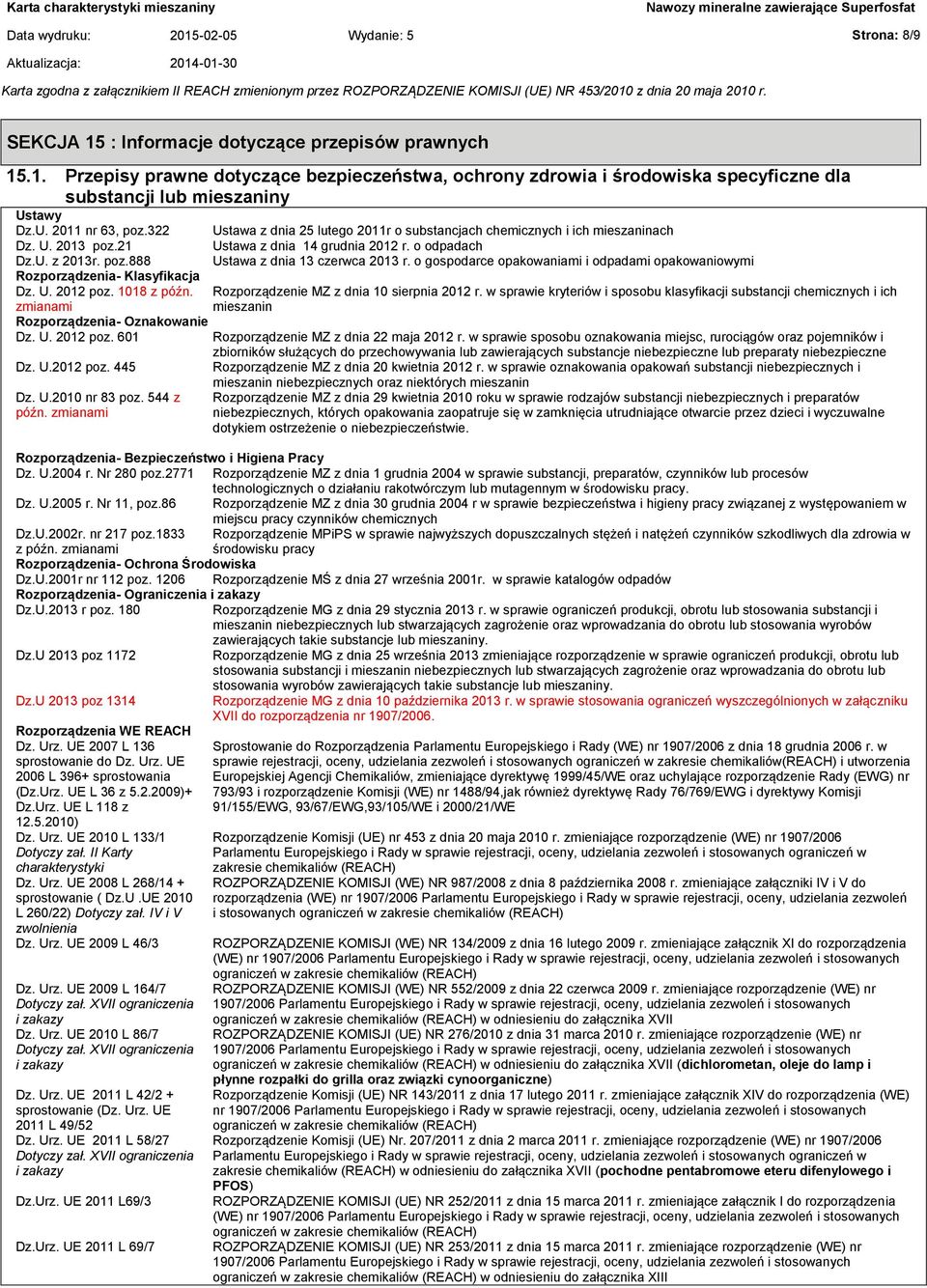 U.2010 nr 83 poz. 544 z późn. zmianami Ustawa z dnia 25 lutego 2011r o substancjach chemicznych i ich mieszaninach Ustawa z dnia 14 grudnia 2012 r. o odpadach Ustawa z dnia 13 czerwca 2013 r.