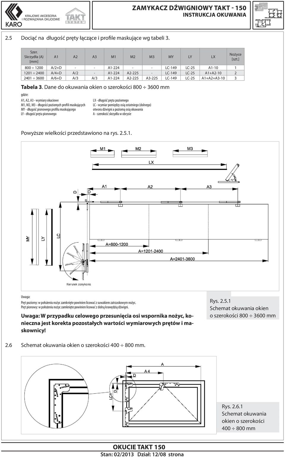 A3-225 LC-149 LC-25 A1+A2+A3-10 3 Tabela 3. Dane do okuwania okien o szerokości 800 3600 mm Nożyce [szt.