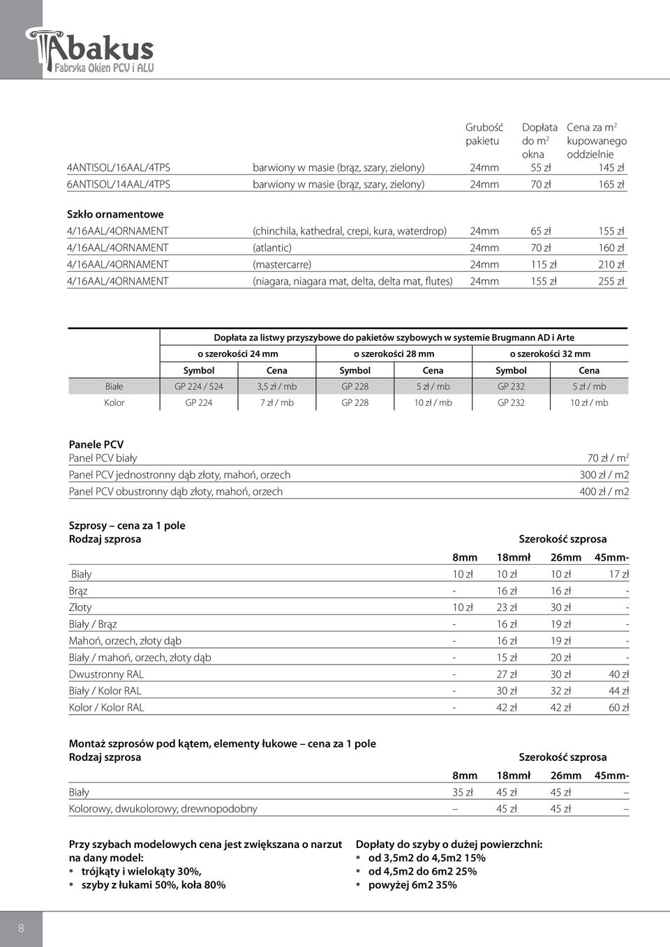 (mastercarre) 24mm 115 zł 210 zł 4/16AAL/4ORNAMENT (niagara, niagara mat, delta, delta mat, flutes) 24mm 155 zł 255 zł Dopłata za listwy przyszybowe do pakietów szybowych w systemie Brugmann AD i