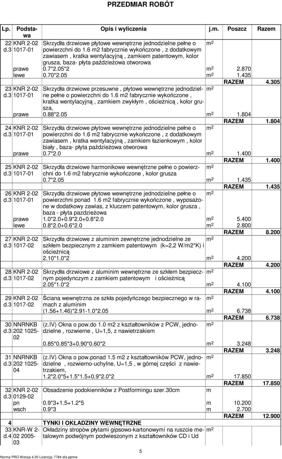 przesuwne, p ytowe wewn trzne jednodzielne pe ne o powierzchni do 16 m2 fabrycznie wyko czone, kratka wentylacyjn, zamkiem zwyk ym, o cie nic, kolor grusza, 4305 prawe 088*205 1804 1804 Skrzyd a