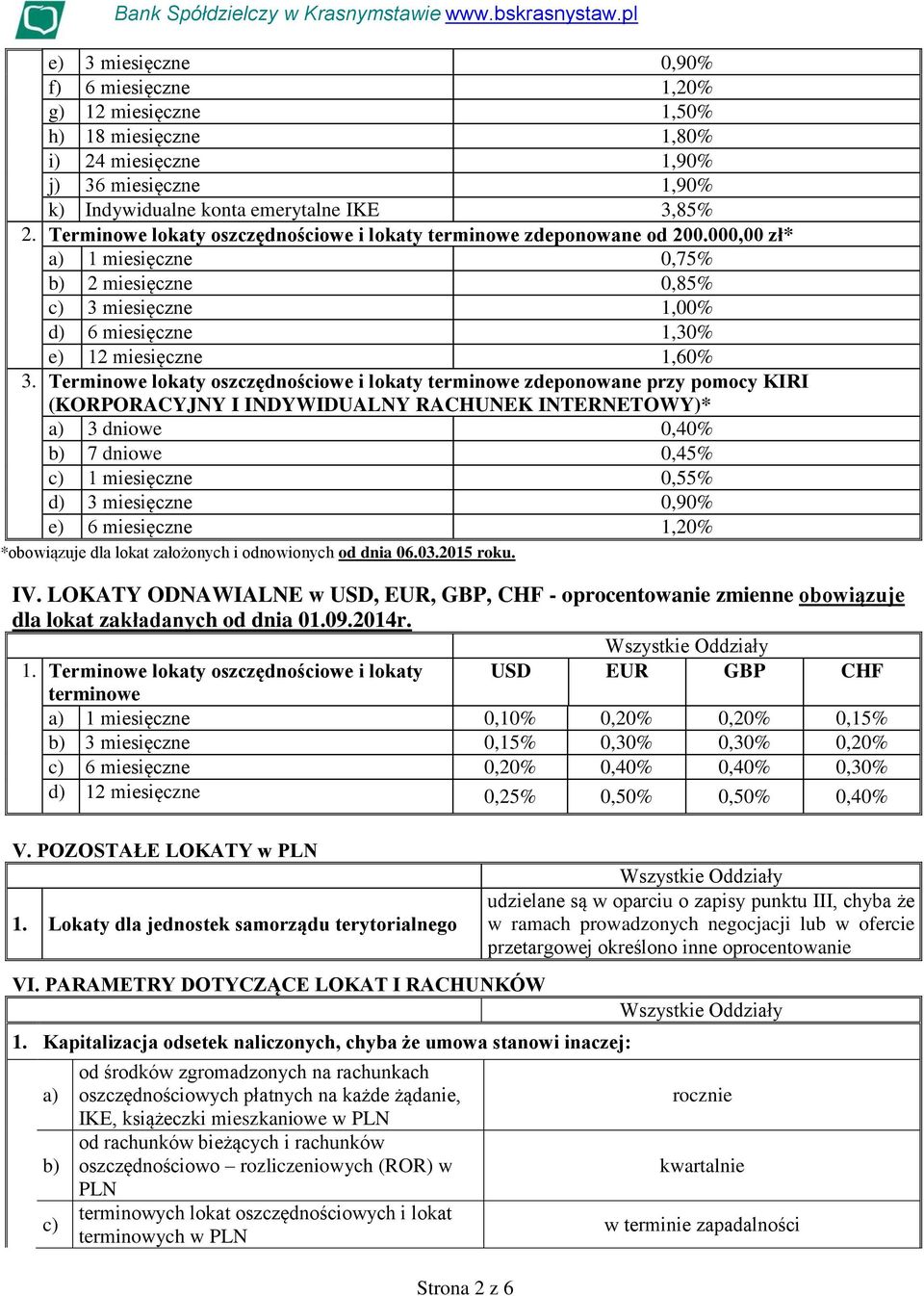 Terminowe lokaty oszczędnościowe i lokaty terminowe zdeponowane przy pomocy KIRI (KORPORACYJNY I INDYWIDUALNY RACHUNEK INTERNETOWY)* a) 3 dniowe 0,40% b) 7 dniowe 0,45% c) 1 miesięczne 0,55% d) 3