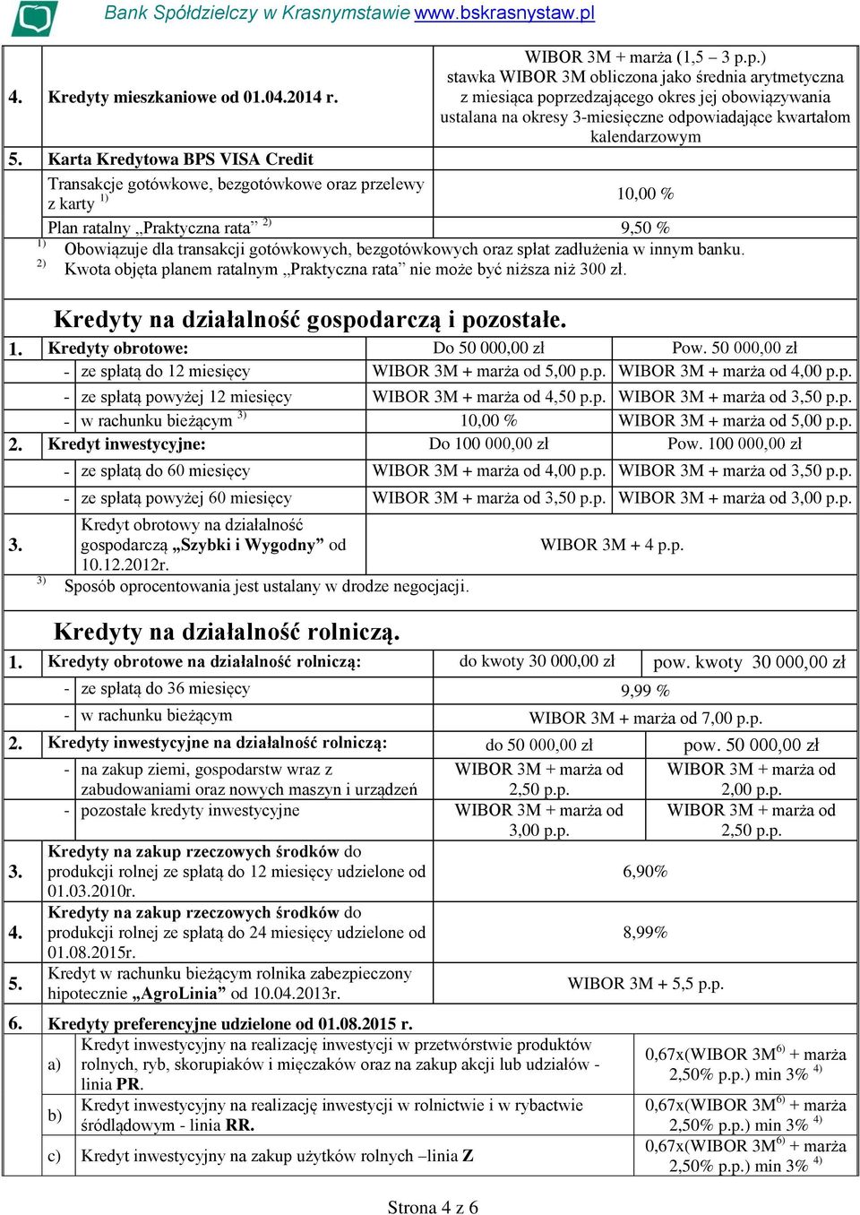 Karta Kredytowa BPS VISA Credit Transakcje gotówkowe, bezgotówkowe oraz przelewy z karty 1) 10,00 % Plan ratalny Praktyczna rata 2) 9,50 % 1) Obowiązuje dla transakcji gotówkowych, bezgotówkowych
