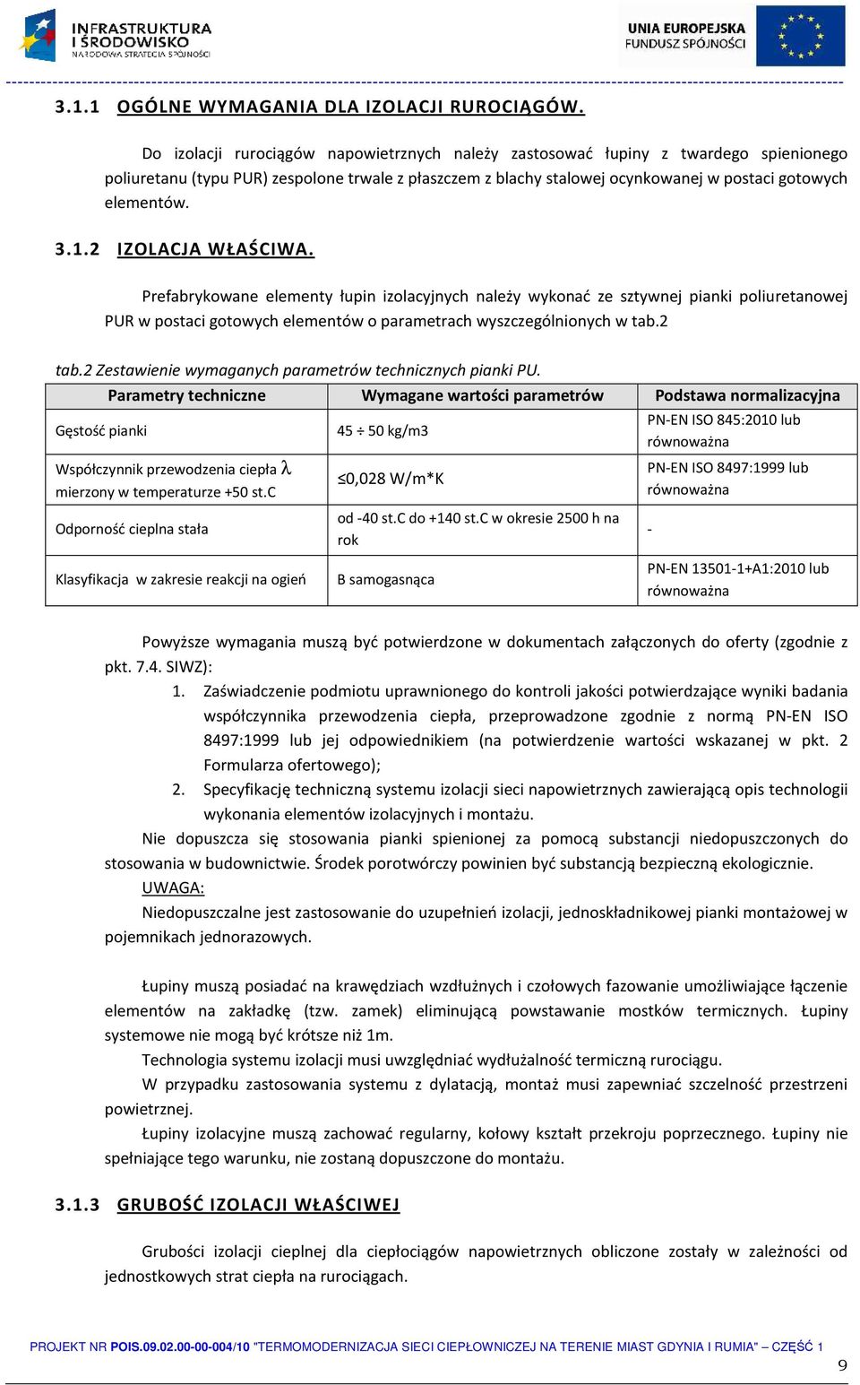 1.2 IZOLACJA WŁAŚCIWA. Prefabrykowane elementy łupin izolacyjnych należy wykonać ze sztywnej pianki poliuretanowej PUR w postaci gotowych elementów o parametrach wyszczególnionych w tab.2 tab.