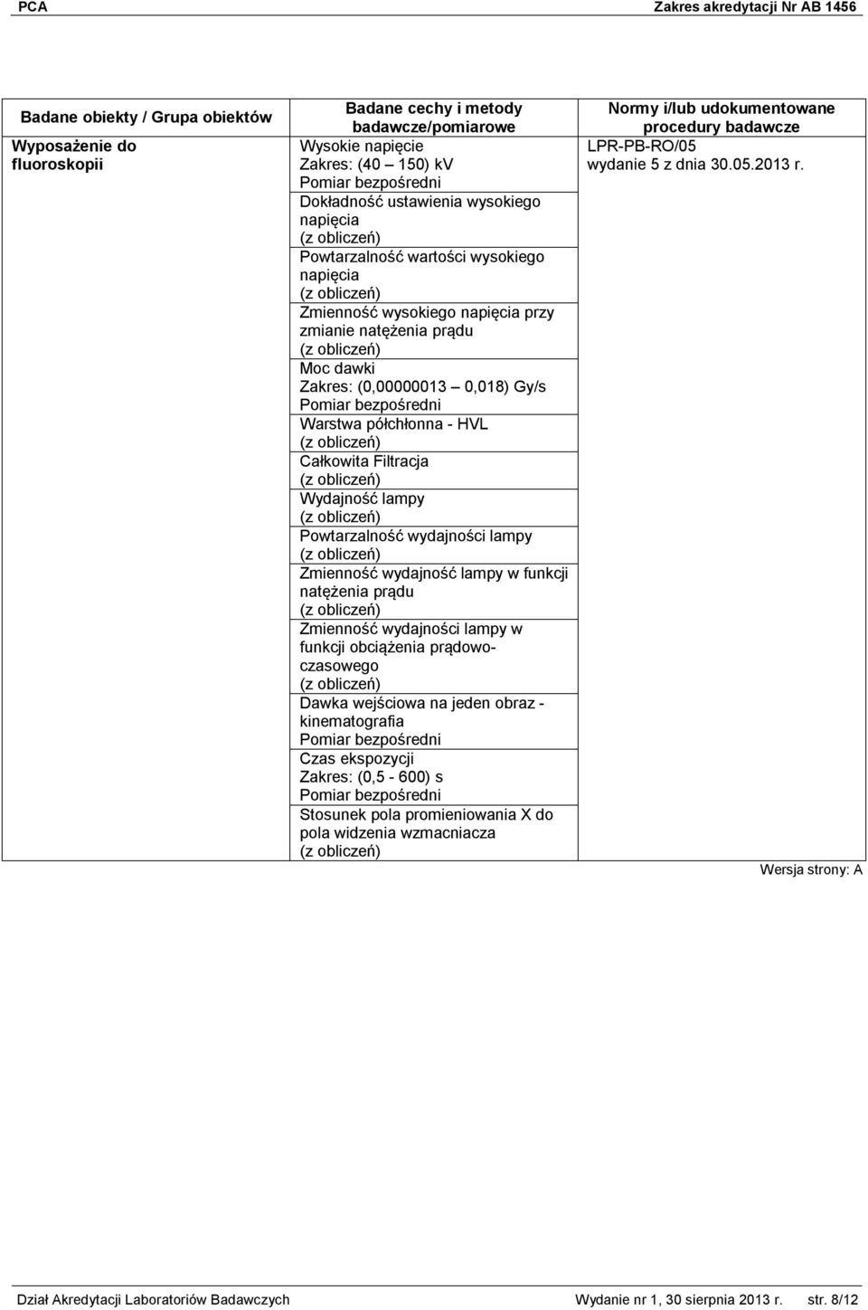 natężenia prądu Zmienność wydajności lampy w funkcji obciążenia prądowoczasowego Dawka wejściowa na jeden obraz - kinematografia Czas ekspozycji Zakres: (0,5-600) s