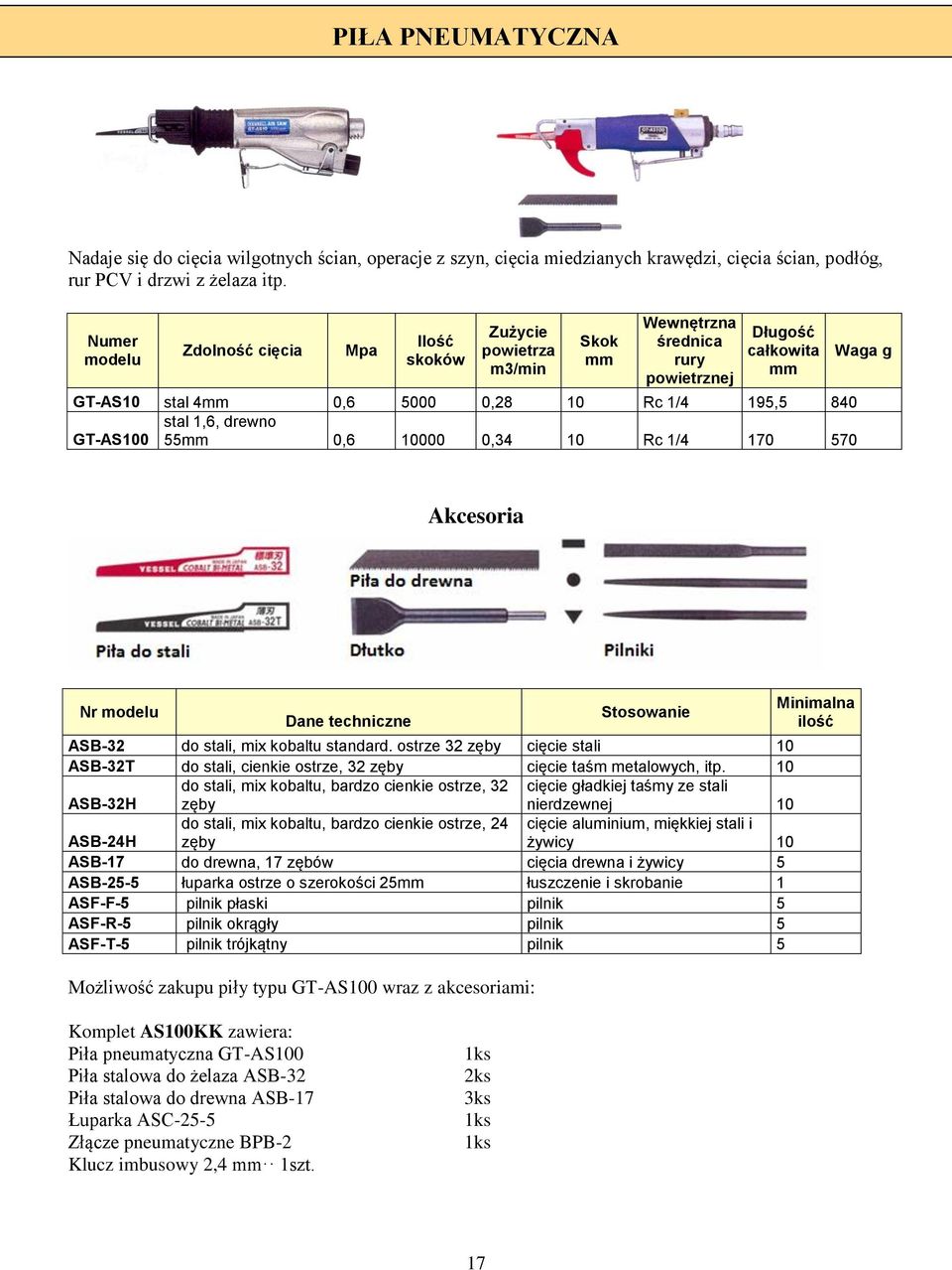 drewno GT-AS100 55mm 0,6 10000 0,34 10 Rc 1/4 170 570 Waga g Akcesoria Nr modelu Dane techniczne Możliwość zakupu piły typu GT-AS100 wraz z akcesoriami: Stosowanie ASB-32 do stali, mix kobaltu