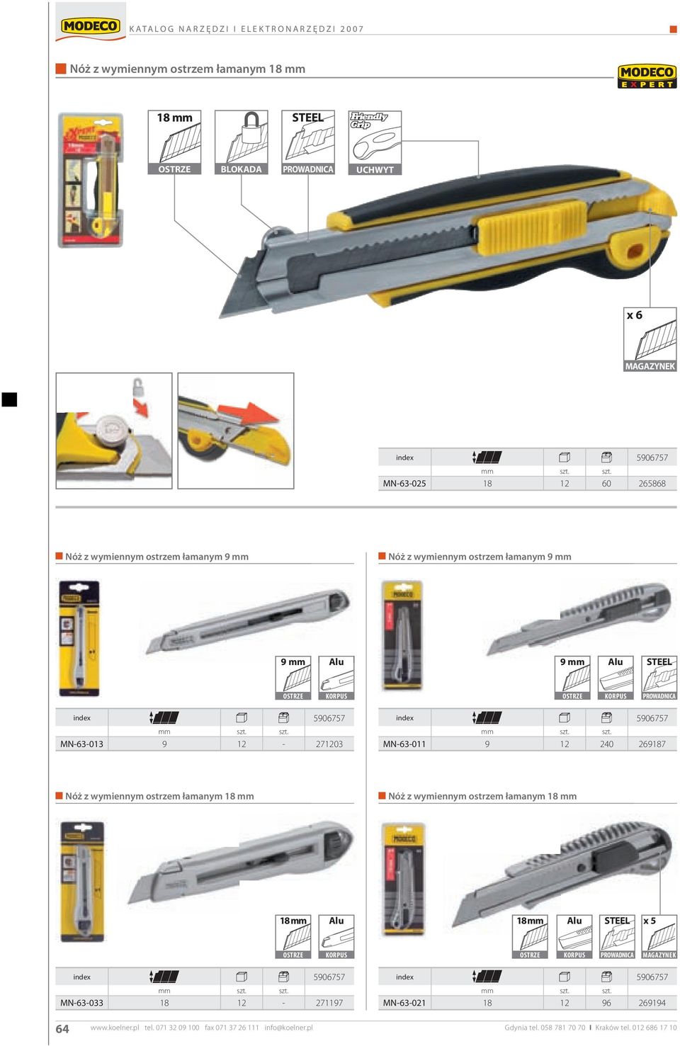 29187 Nóż z wymiennym ostrzem łamanym 18 Nóż z wymiennym ostrzem łamanym 18 18 18 STEEL x 5 PROWADNICA MAGAZYNEK MN-3-033 18 12-271197