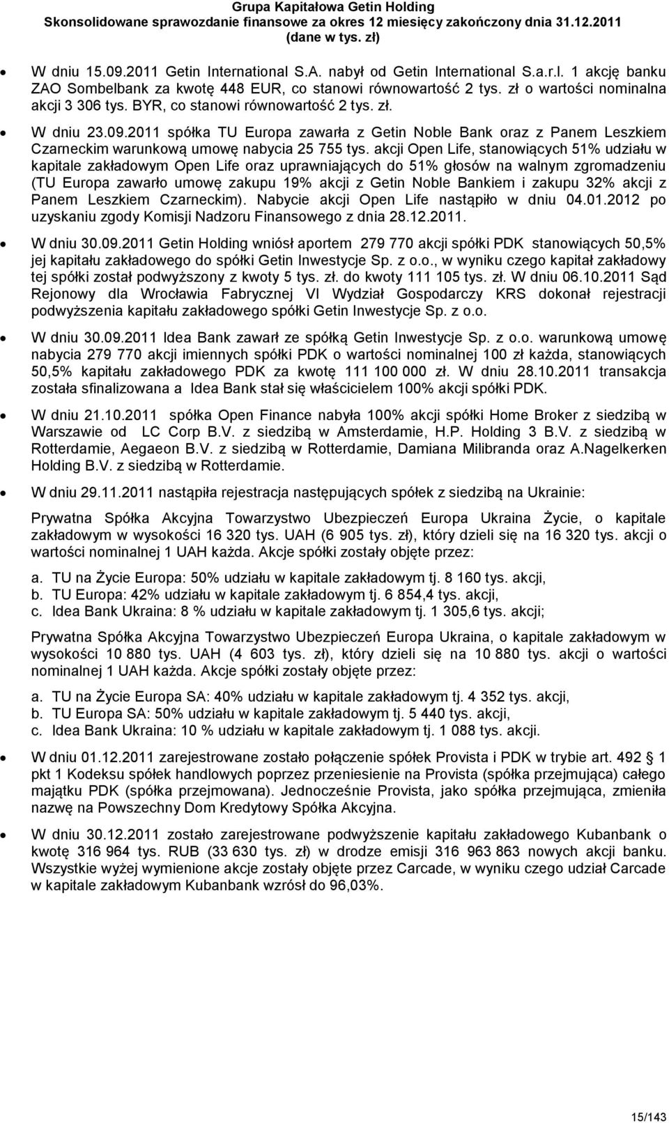 2011 spółka TU Europa zawarła z Getin Noble Bank oraz z Panem Leszkiem Czarneckim warunkową umowę nabycia 25 755 tys.