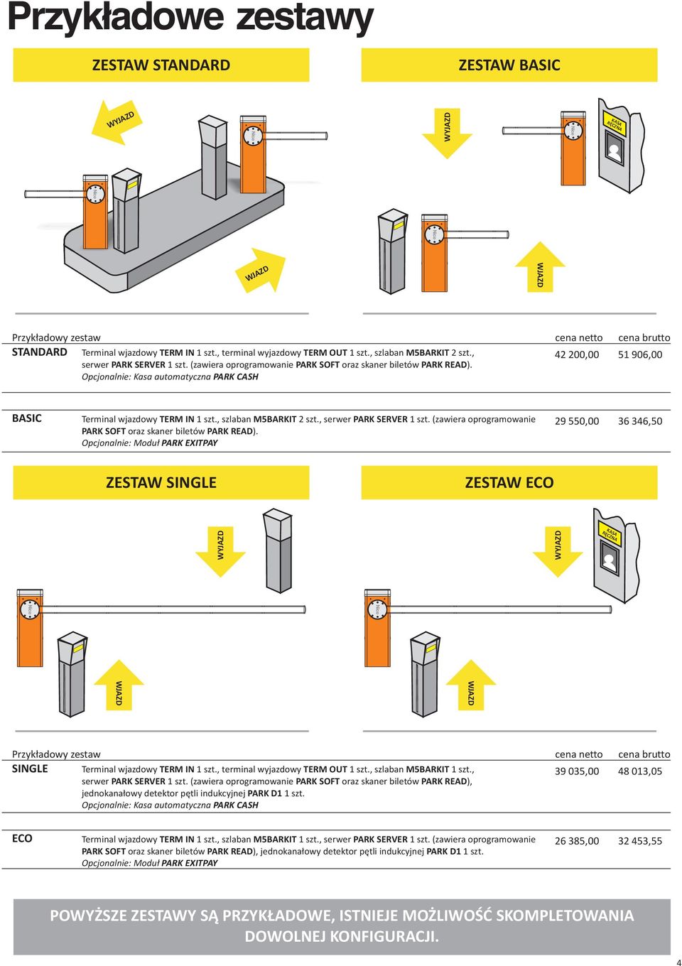 Opcjonalnie: Kasa automatyczna PARK CASH cena netto 4 00,00 cena brutto 51 906,00 BASIC Terminal wjazdowy TERM IN 1 szt., szlaban M5BARKIT szt., serwer PARK SERVER 1 szt.