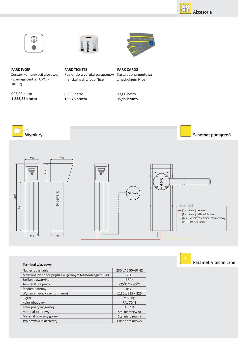 Wymiary Schemat pod³¹czeñ 50 395 1180 860 NicePark 319 Serwer [legenda] [3 x 1.5 mm ] zasilanie [1 x 1.5 mm ] pêtla indukcyjna [1 x 0.75 mm ] YStY kabel po³¹czeniowy U/UTP kat.