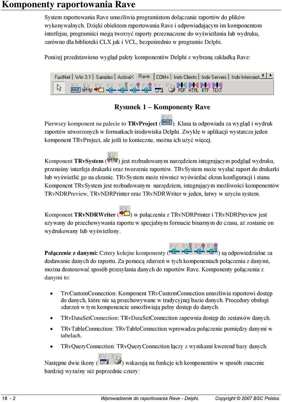 bezpośrednio w programie Delphi. Poniżej przedstawiono wygląd palety komponentów Delphi z wybraną zakładką Rave: Rysunek 1 Komponenty Rave Pierwszy komponent na palecie to TRvProject ( ).