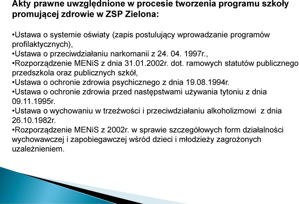 ramowych statutów publicznego przedszkola oraz publicznych szkół, Ustawa o ochronie zdrowia psychicznego z dnia 19.08.1994r.