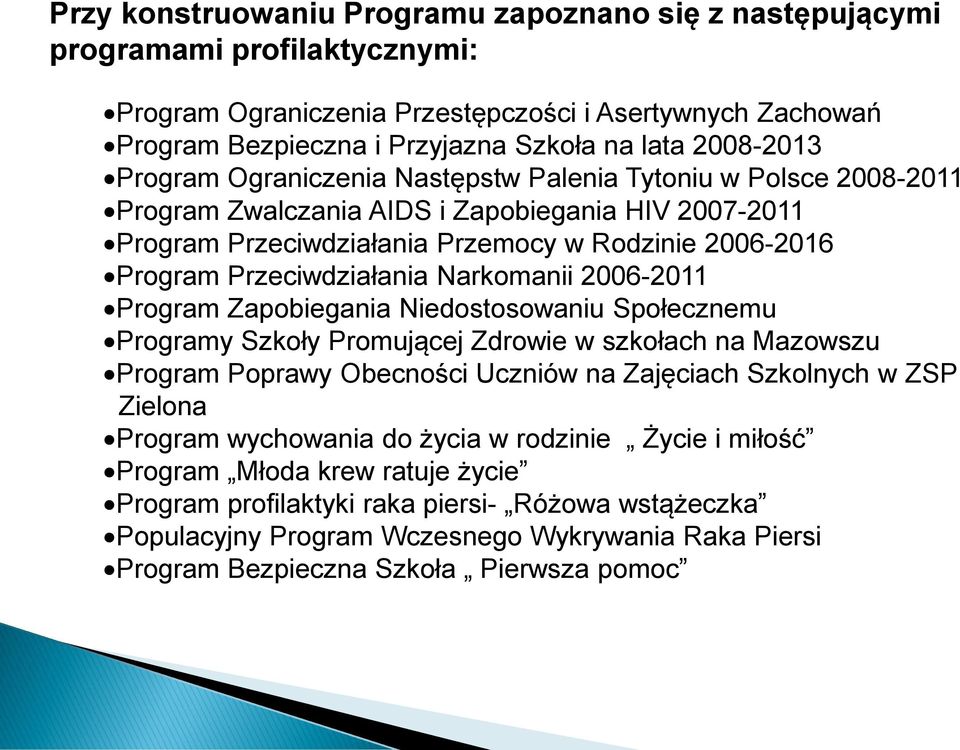 Przeciwdziałania Narkomanii 2006-2011 Program Zapobiegania Niedostosowaniu Społecznemu Programy Szkoły Promującej Zdrowie w szkołach na Mazowszu Program Poprawy Obecności Uczniów na Zajęciach