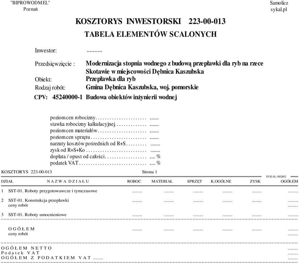 pomorskie CPV: 45240000-1 Budowa obiektów inżynierii wodnej poziom...... cen.... robocizny.............................. stawka...... robocizny......... kalkulacyjnej......................... poziom...... cen.... materiałów.