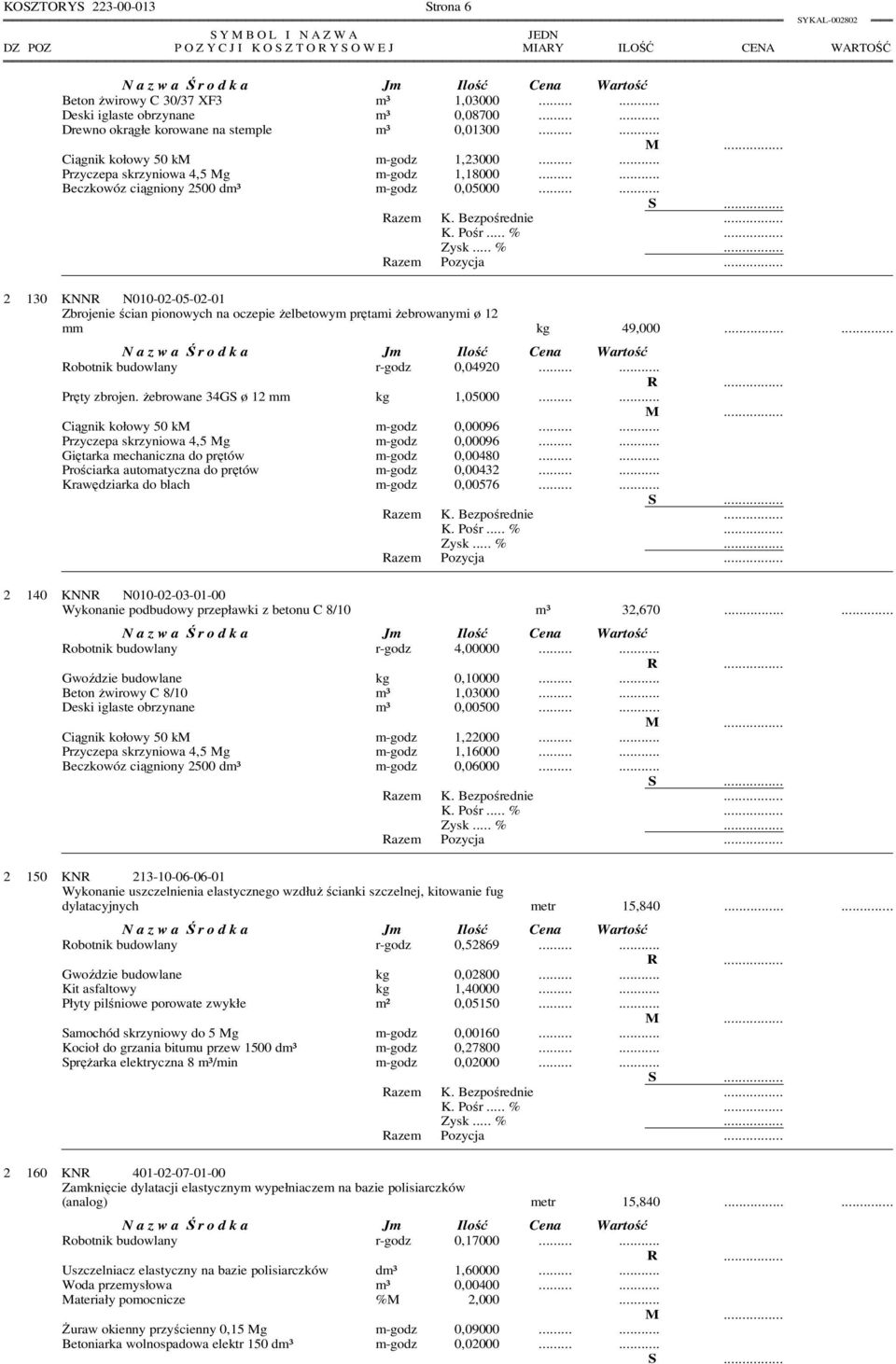 ..... 2 130 KNNR N010-02-05-02-01 Zbrojenie ścian pionowych na oczepie żelbetowym prętami żebrowanymi ø 12 mm kg 49,000...... Robotnik budowlany r-godz 0,04920...... Pręty zbrojen.