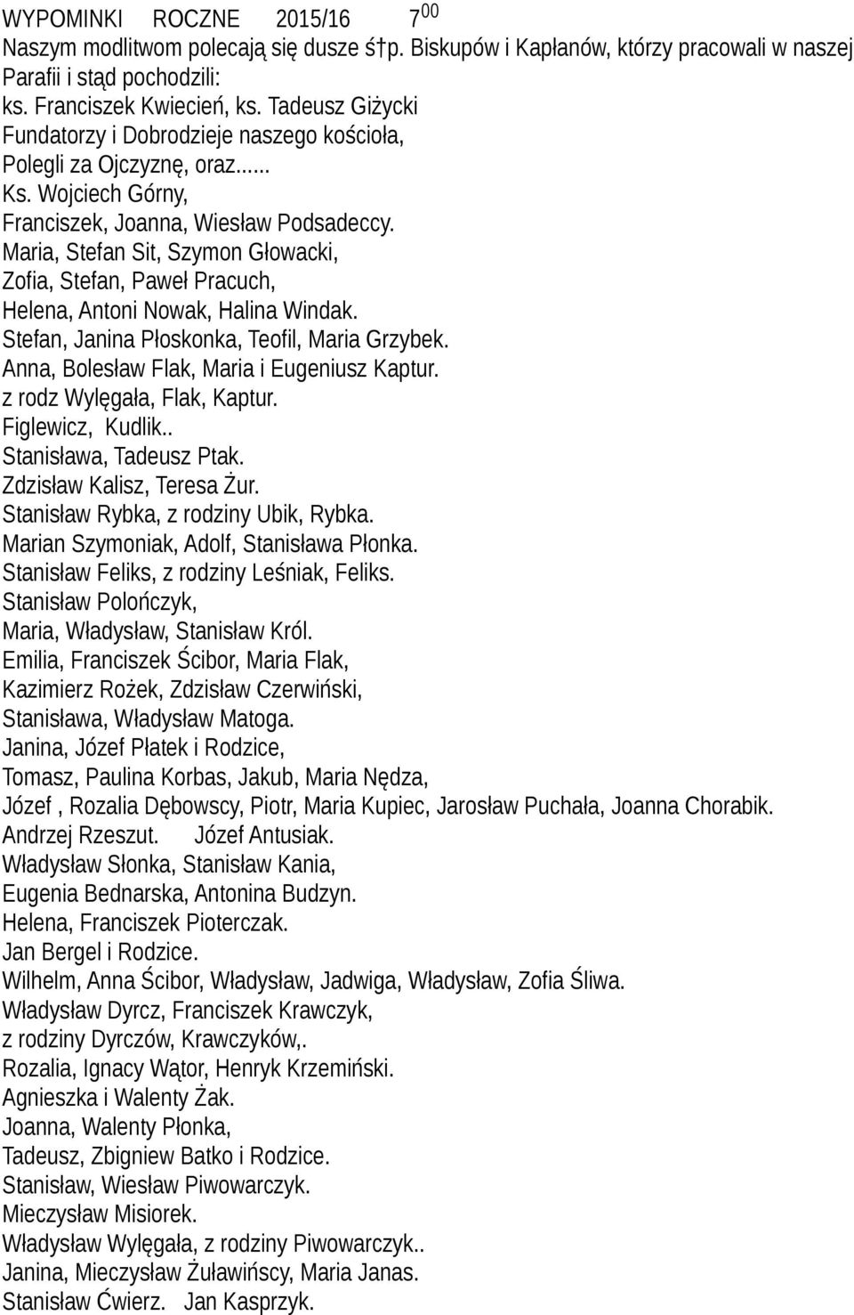 Maria, Stefan Sit, Szymon Głowacki, Zofia, Stefan, Paweł Pracuch, Helena, Antoni Nowak, Halina Windak. Stefan, Janina Płoskonka, Teofil, Maria Grzybek. Anna, Bolesław Flak, Maria i Eugeniusz Kaptur.