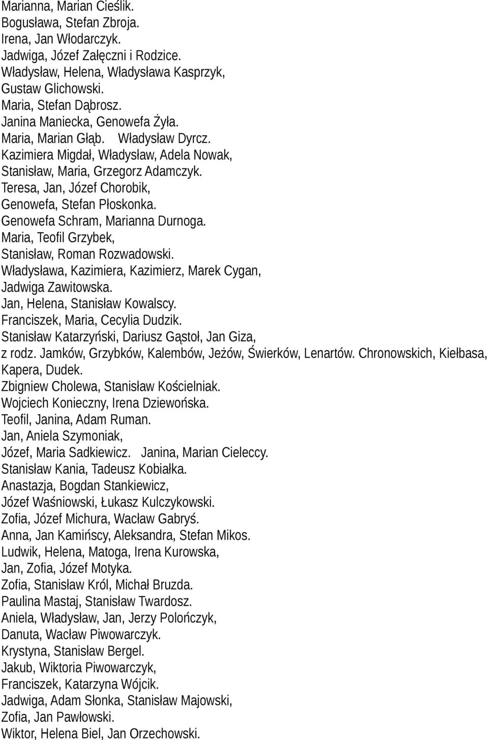 Teresa, Jan, Józef Chorobik, Genowefa, Stefan Płoskonka. Genowefa Schram, Marianna Durnoga. Maria, Teofil Grzybek, Stanisław, Roman Rozwadowski.