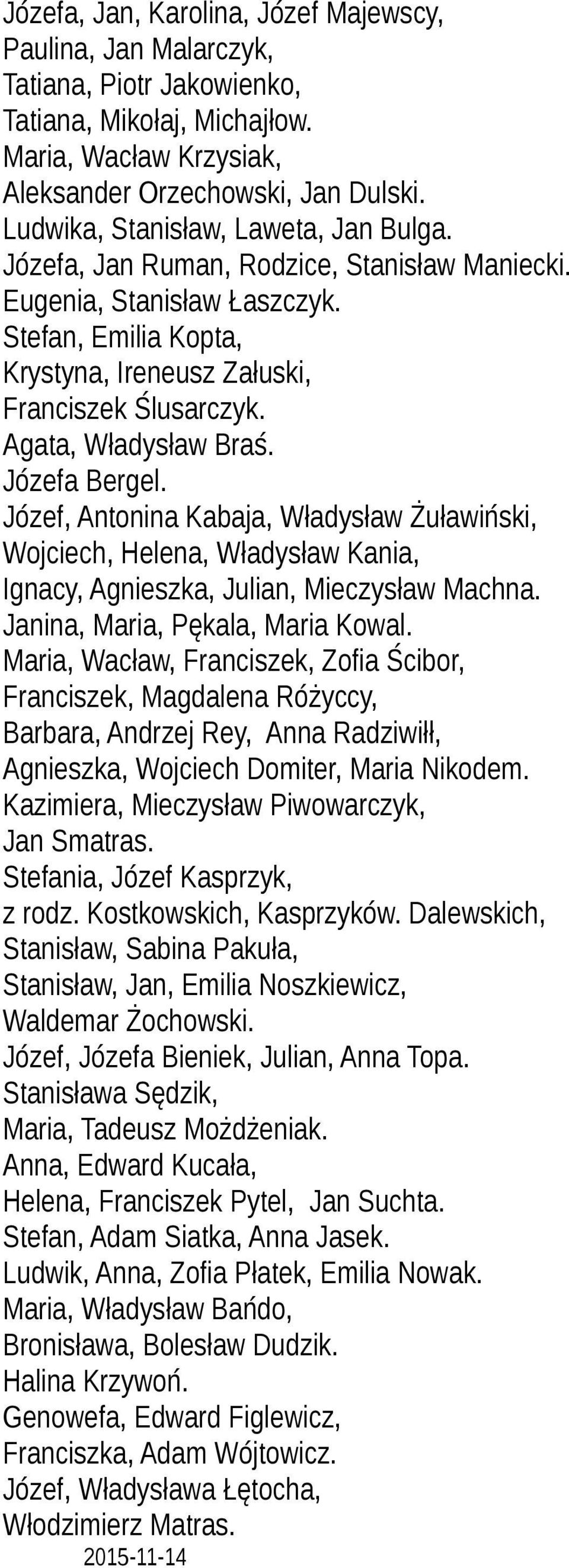 Agata, Władysław Braś. Józefa Bergel. Józef, Antonina Kabaja, Władysław Żuławiński, Wojciech, Helena, Władysław Kania, Ignacy, Agnieszka, Julian, Mieczysław Machna. Janina, Maria, Pękala, Maria Kowal.