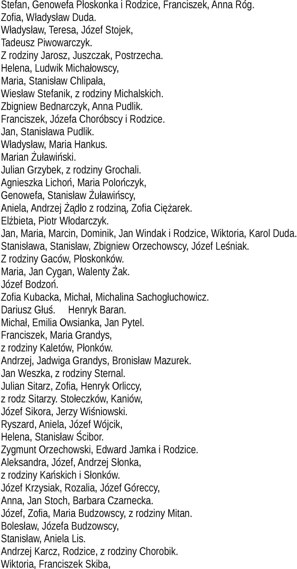 Władysław, Maria Hankus. Marian Żuławiński. Julian Grzybek, z rodziny Grochali. Agnieszka Lichoń, Maria Polończyk, Genowefa, Stanisław Żuławińscy, Aniela, Andrzej Żądło z rodziną, Zofia Ciężarek.