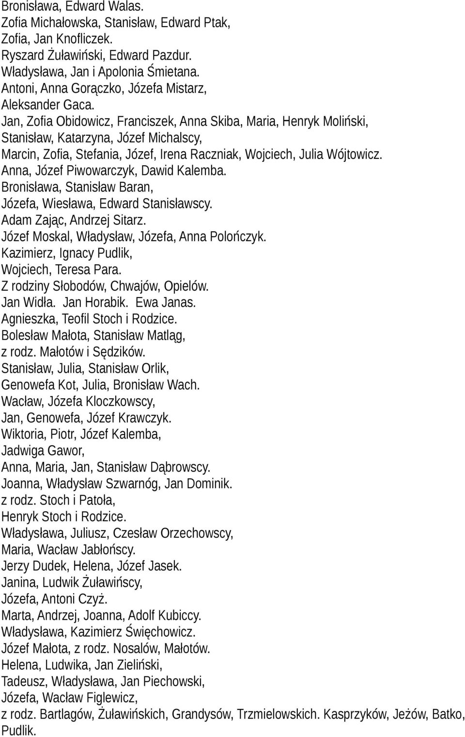 Jan, Zofia Obidowicz, Franciszek, Anna Skiba, Maria, Henryk Moliński, Stanisław, Katarzyna, Józef Michalscy, Marcin, Zofia, Stefania, Józef, Irena Raczniak, Wojciech, Julia Wójtowicz.