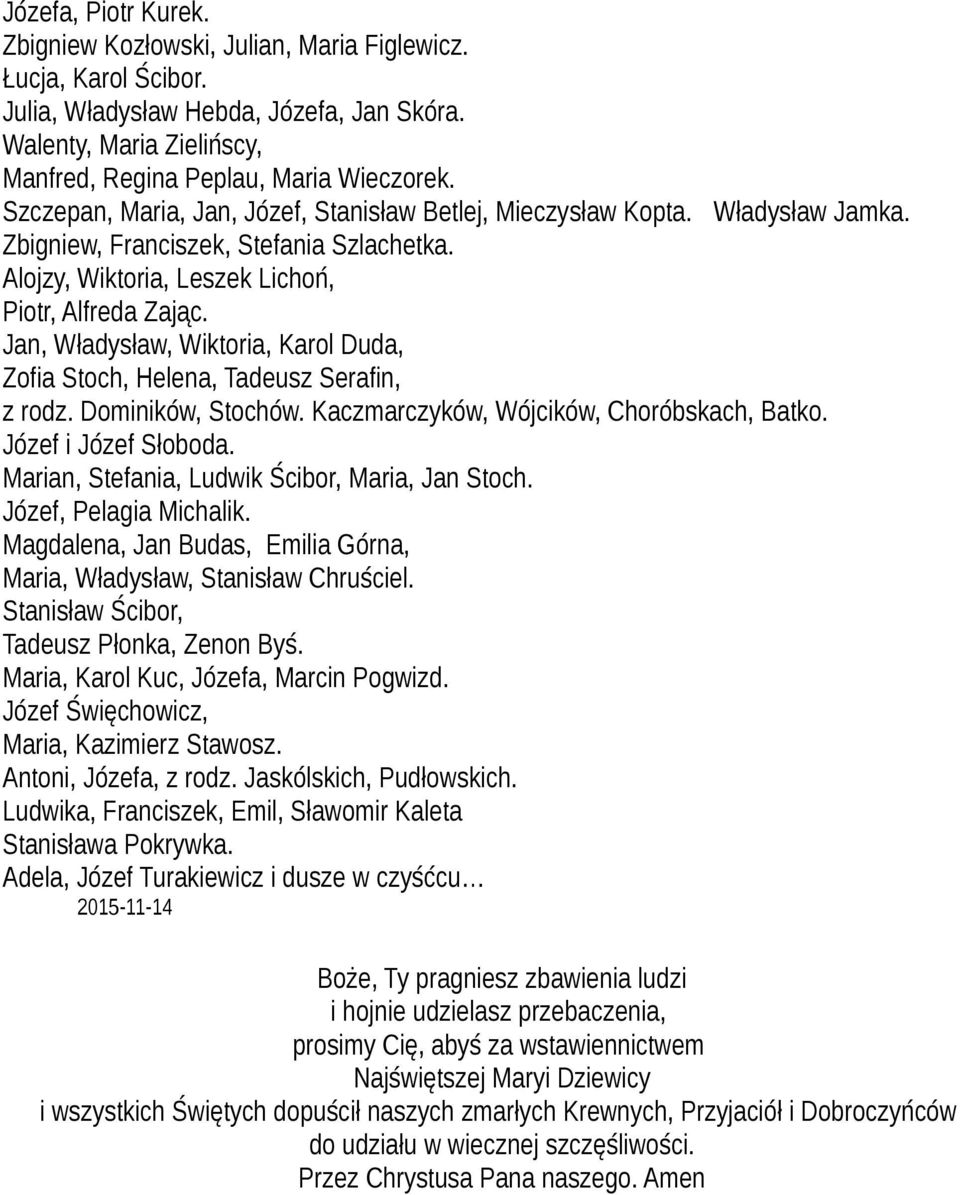 Jan, Władysław, Wiktoria, Karol Duda, Zofia Stoch, Helena, Tadeusz Serafin, z rodz. Dominików, Stochów. Kaczmarczyków, Wójcików, Choróbskach, Batko. Józef i Józef Słoboda.