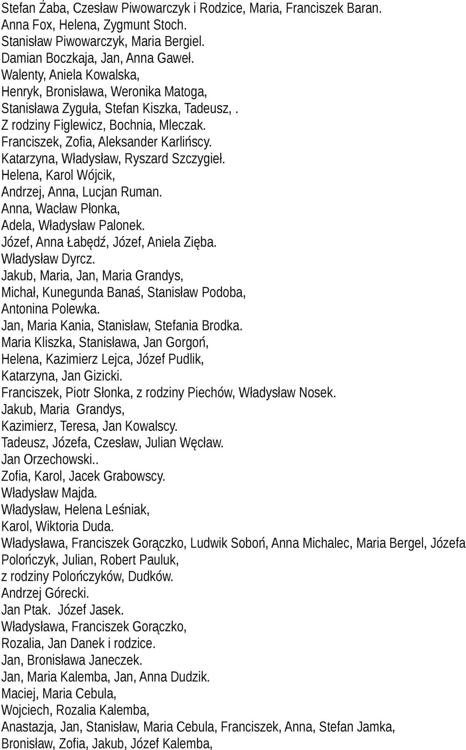 Katarzyna, Władysław, Ryszard Szczygieł. Helena, Karol Wójcik, Andrzej, Anna, Lucjan Ruman. Anna, Wacław Płonka, Adela, Władysław Palonek. Józef, Anna Łabędź, Józef, Aniela Zięba. Władysław Dyrcz.