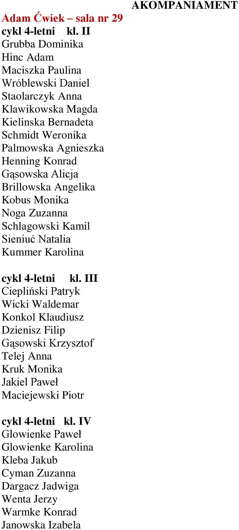Henning Konrad Gąsowska Alicja Brillowska Angelika Kobus Monika Noga Zuzanna Schlagowski Kamil Sieniuć Natalia Kummer Karolina AKOMPANIAMENT cykl 4-letni kl.