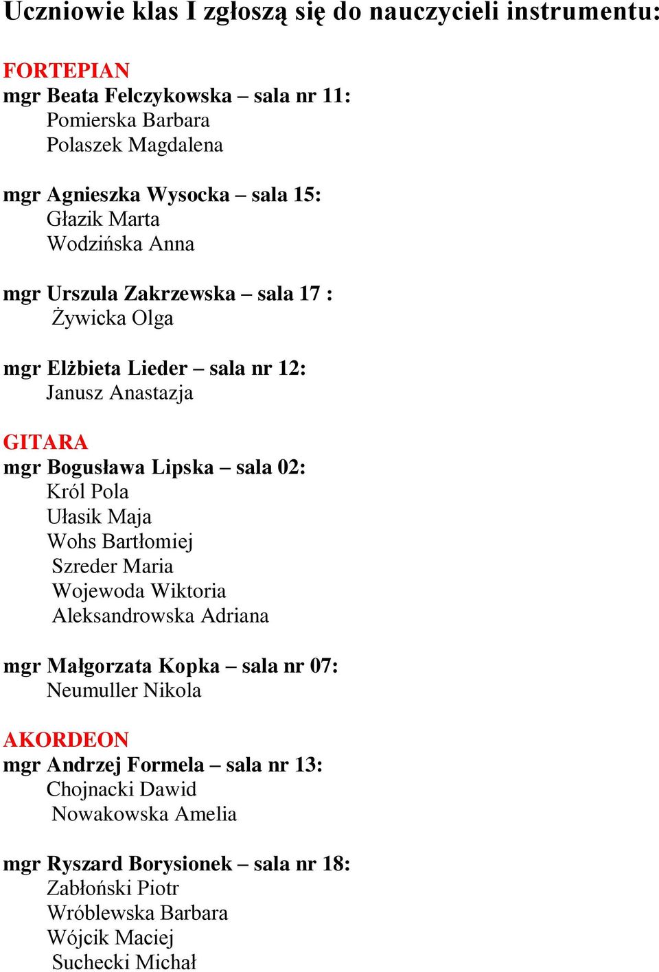 sala 02: Król Pola Ułasik Maja Wohs Bartłomiej Szreder Maria Wojewoda Wiktoria Aleksandrowska Adriana mgr Małgorzata Kopka sala nr 07: Neumuller Nikola AKORDEON