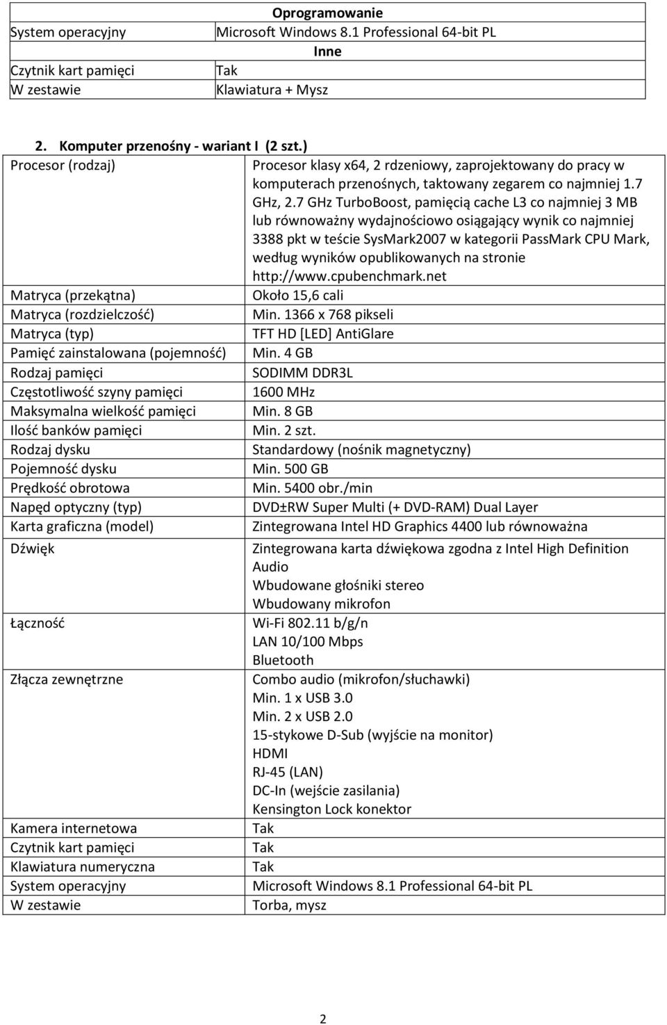 7 GHz TurboBoost, pamięcią cache L3 co najmniej 3 MB lub równoważny wydajnościowo osiągający wynik co najmniej 3388 pkt w teście SysMark2007 w kategorii PassMark CPU Mark, według wyników