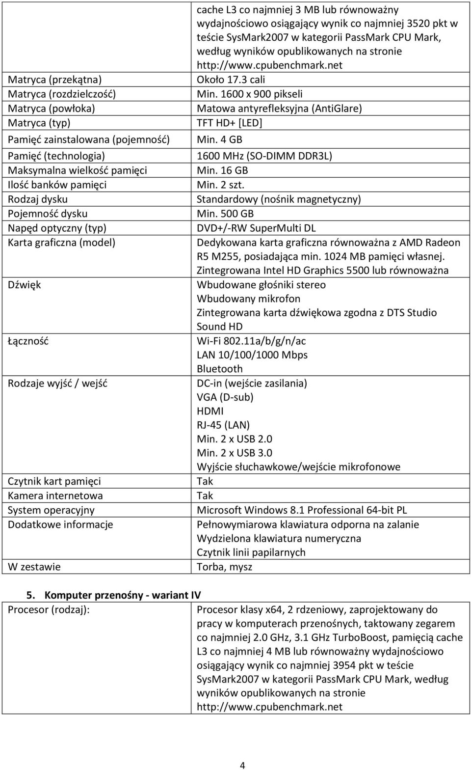 co najmniej 3 MB lub równoważny wydajnościowo osiągający wynik co najmniej 3520 pkt w teście SysMark2007 w kategorii PassMark CPU Mark, według wyników opublikowanych na stronie http://www.