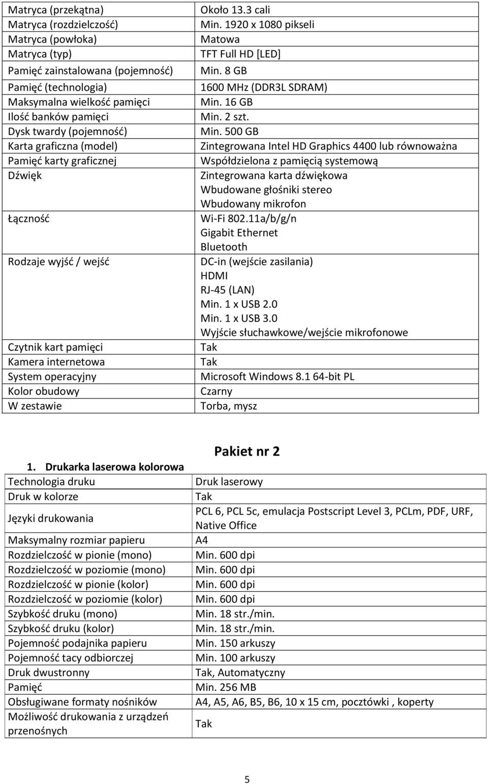 3 cali Min. 1920 x 1080 pikseli Matowa TFT Full HD [LED] Min. 8 GB 1600 MHz (DDR3L SDRAM) Min. 16 GB Min. 2 szt. Min. 500 GB Zintegrowana Intel HD Graphics 4400 lub równoważna Współdzielona z pamięcią systemową Zintegrowana karta dźwiękowa Wbudowane głośniki stereo Wbudowany mikrofon Wi-Fi 802.