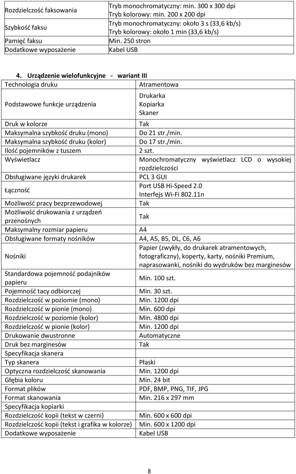 Urządzenie wielofunkcyjne - wariant III Technologia druku Atramentowa Podstawowe funkcje urządzenia Druk w kolorze Maksymalna szybkośd druku (mono) Maksymalna szybkośd druku (kolor) Ilośd pojemników