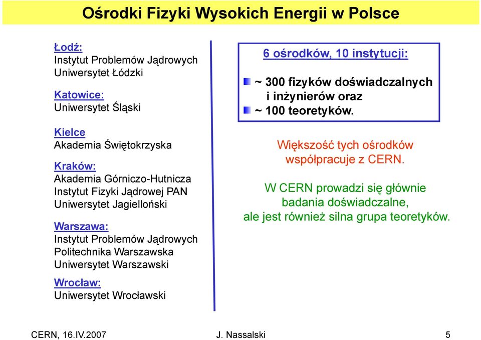 Uniwersytet Warszawski Wrocław: Uniwersytet Wrocławski 6 ośrodków, 10 instytucji: ~ 300 fizyków doświadczalnych i inżynierów oraz ~ 100 teoretyków.