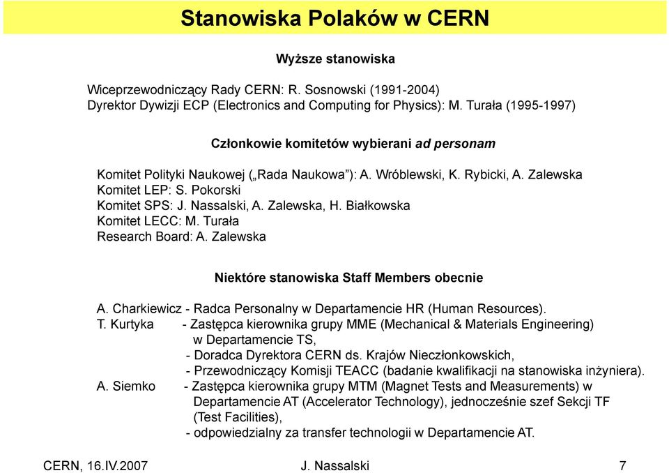 Nassalski, A. Zalewska, H. Białkowska Komitet LECC: M. Turała Research Board: A. Zalewska Niektóre stanowiska Staff Members obecnie A.