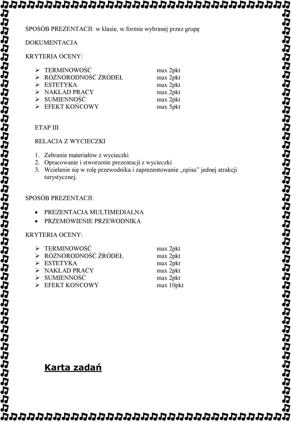 Opracowanie i stworzenie prezentacji z wycieczki 3. Wcielenie się w rolę przewodnika i zaprezentowanie opisu jednej atrakcji turystycznej.