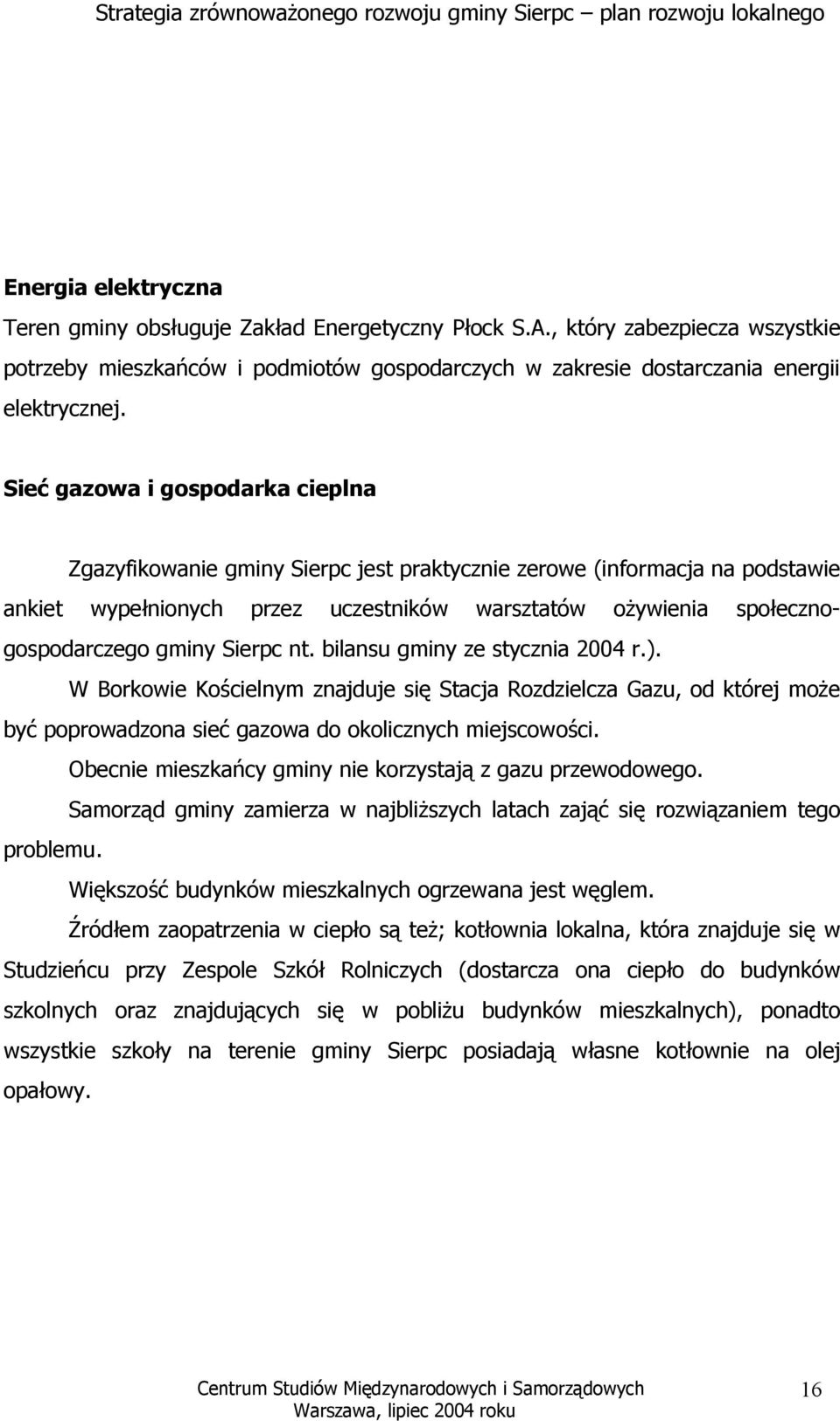 Sierpc nt. bilansu gminy ze stycznia 2004 r.). W Borkowie Kościelnym znajduje się Stacja Rozdzielcza Gazu, od której może być poprowadzona sieć gazowa do okolicznych miejscowości.